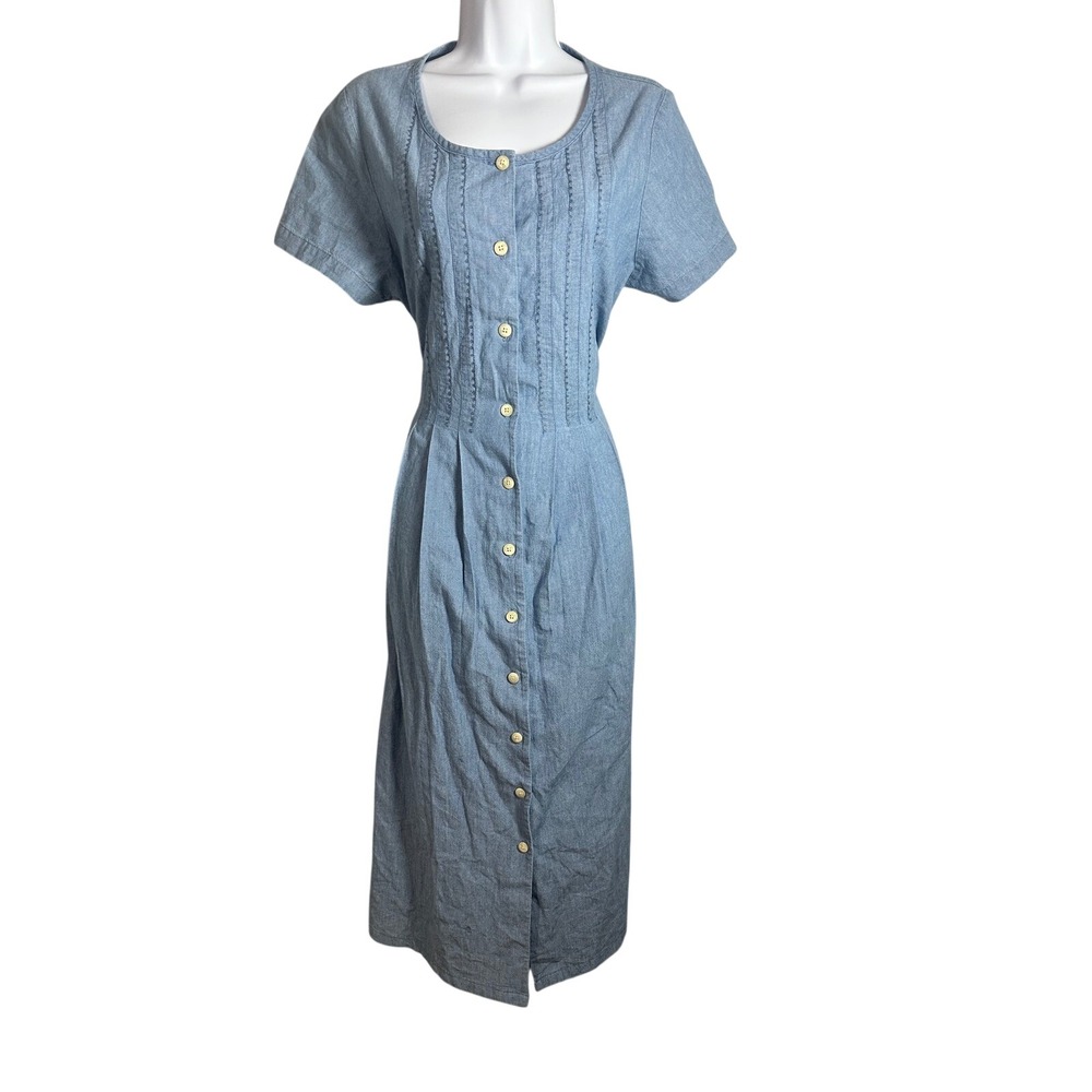 LL Bean Vintage Light Blue Chambray Pintuck Button Front Midi Dress Size L